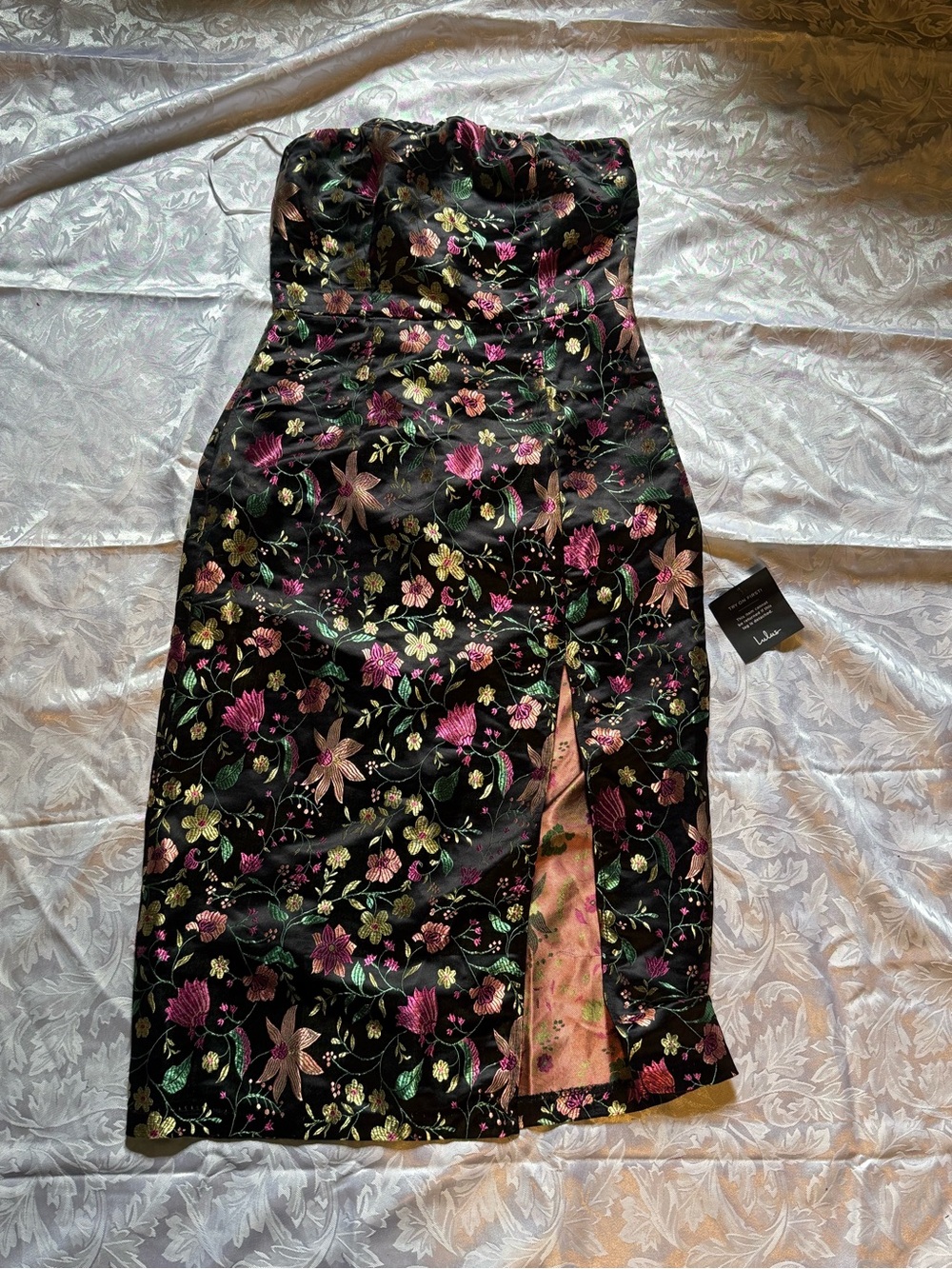 NWT Lulus Black Floral Jacquard Strapless Midi Dress | Slit | Size Small - Picture 4 of 10